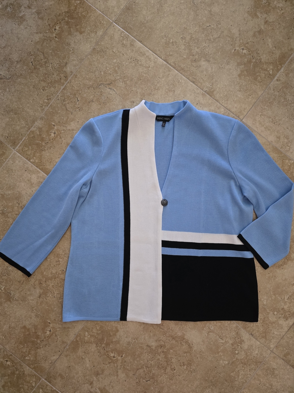 Ming Wang Blue & Black Colorblock Jacket Cardigan Size Large Knit